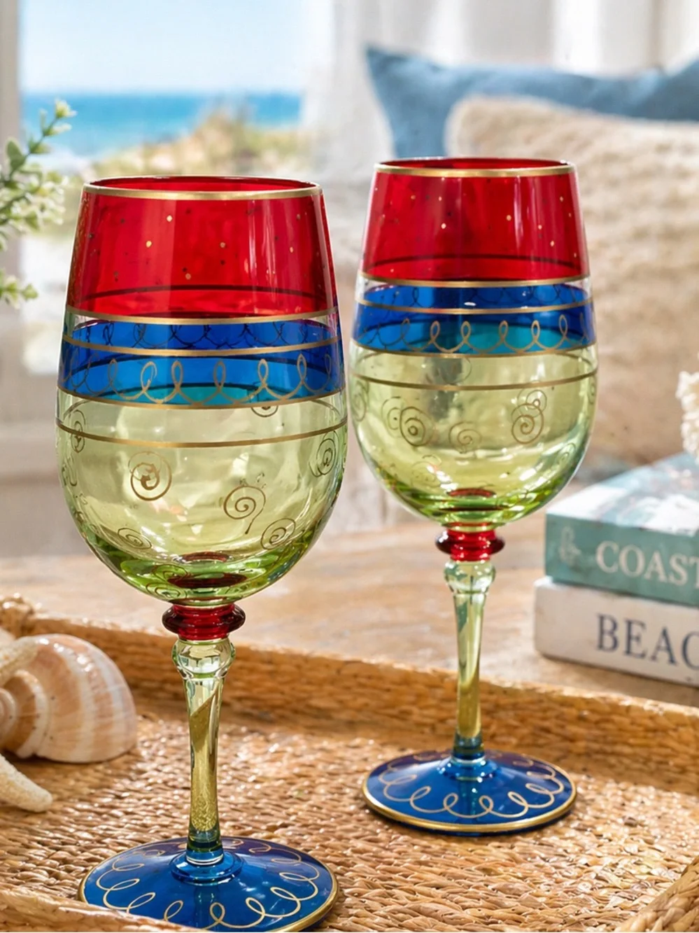 Pier 1 Bordeaux Multicolor Striped Wine Glasses Set of 2 Handpainted 18oz. 2002